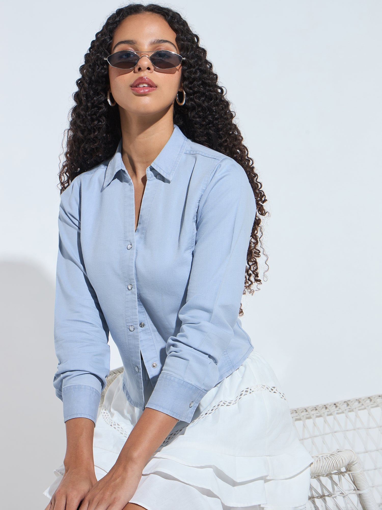 Women's Blue Casual Solid Full Sleeves Shirt