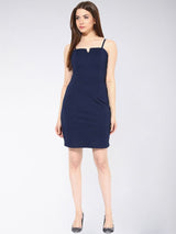 Women's Navy Blue Square Neck Sleeveless Solid Bodycon Party Dress