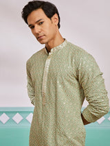 Men's Green Rayon Schiffli Floral Embroidered Kurta With Pant Style Pyjama Set