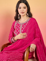 Women's Pink Bandhani Printed Anarkali with Zari-Embroidered Yoke Paired with Trouser and Dupatta
