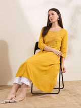 Women's Yellow Solid Mirror Embroidered A-Line Flared Kurta