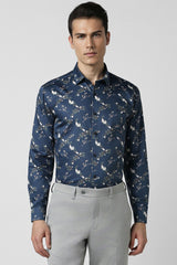 Men's Blue Party Slim Fit Printed Full Sleeves Shirt
