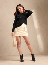 Women's Black Metal Studded Solid Sweatshirt