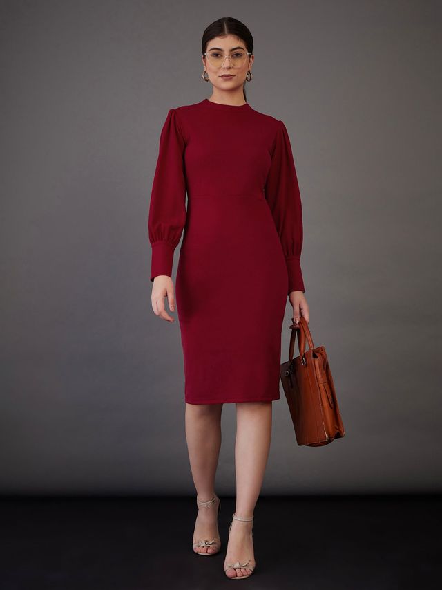 Women's Red Puff Sleeves Bodycon Midi Dress