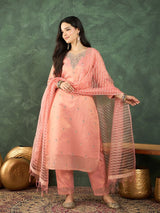 Women's Peach Zari-Embroidered Kurta Paired with Solid Trouser and Tonal Dupatta
