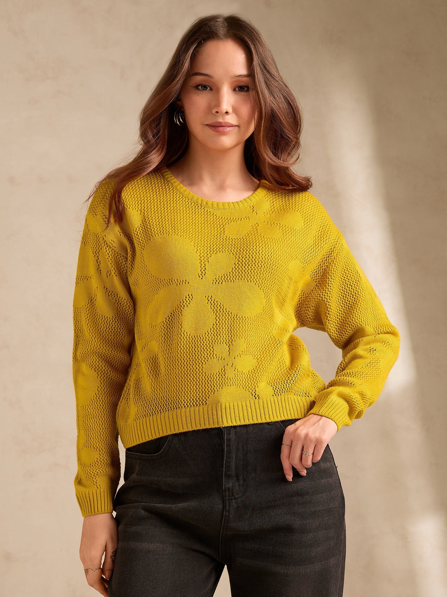 Women's Mustard Bold Floral Print Sweater