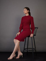 Women's Red Puff Sleeves Bodycon Midi Dress