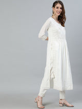 Women's Off White Ethnic Motifs Embroidered Pure Cotton Kurta with Trousers