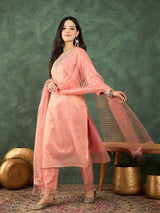 Women's Peach Zari-Embroidered Kurta Paired with Solid Trouser and Tonal Dupatta