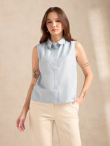 Women's Blue Casual Self-Design Sleeveless Shirt