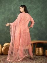 Women's Peach Zari-Embroidered Kurta Paired with Solid Trouser and Tonal Dupatta