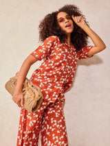 Women's Orange Abstract Print Top and Pants Co Ord Set
