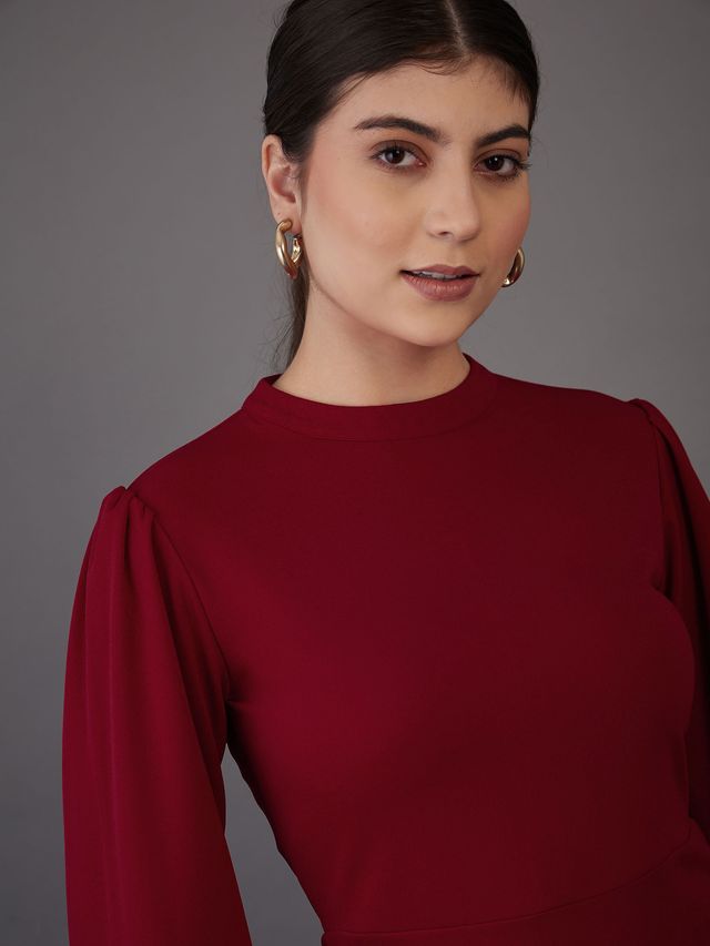 Women's Red Puff Sleeves Bodycon Midi Dress