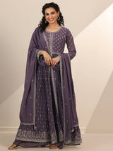 Women's Lilac Zari Floral Motif a-line Kurta With Lining and Palazzo With Dupatta