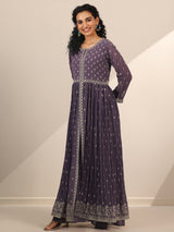 Women's Lilac Zari Floral Motif a-line Kurta With Lining and Palazzo With Dupatta