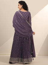 Women's Lilac Zari Floral Motif a-line Kurta With Lining and Palazzo With Dupatta