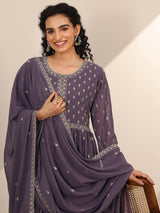 Women's Lilac Zari Floral Motif a-line Kurta With Lining and Palazzo With Dupatta