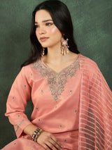 Women's Peach Zari-Embroidered Kurta Paired with Solid Trouser and Tonal Dupatta