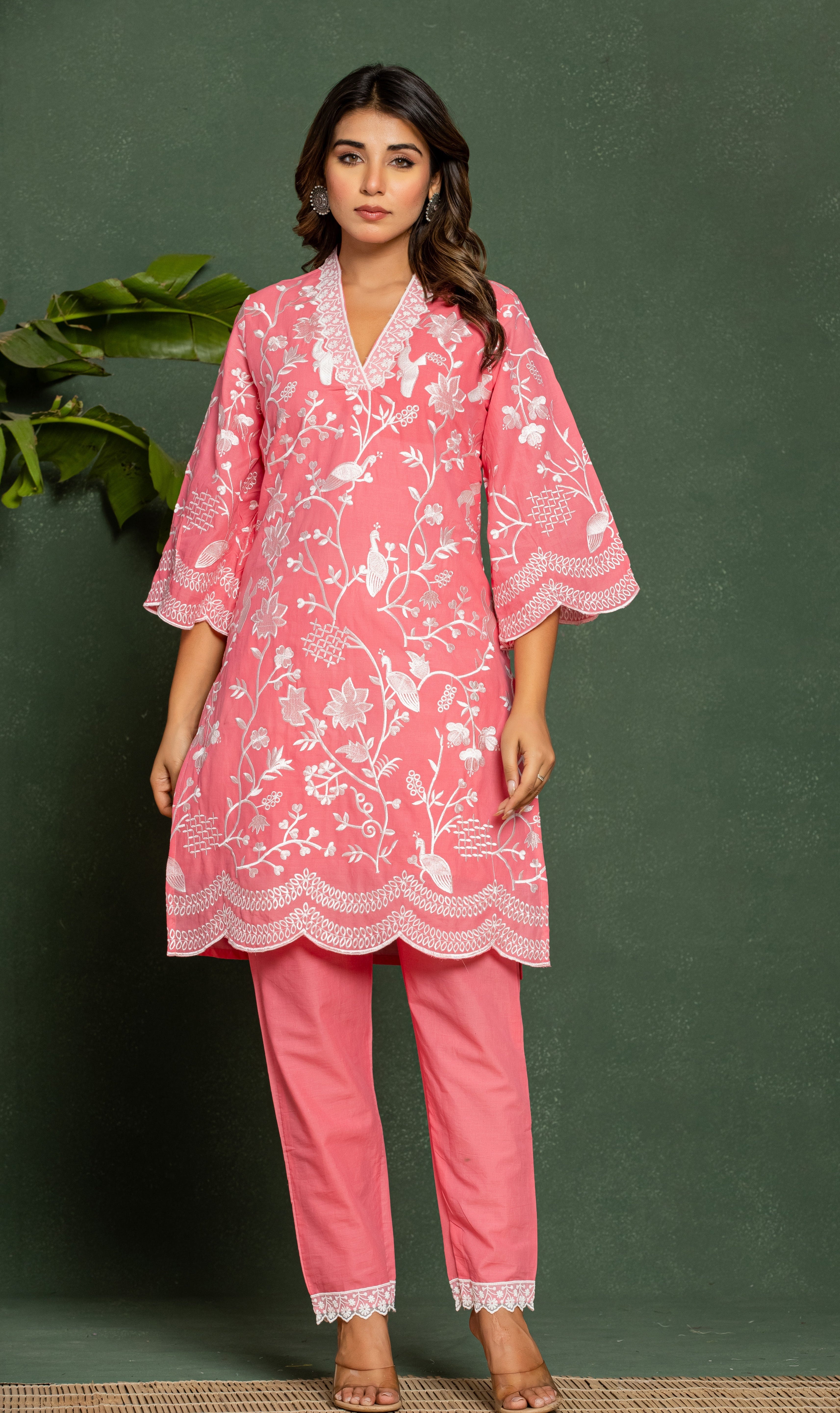 Women's Pink Casual Regular Fit Embroidered Three Quarter Sleeves Co-Ord Sets