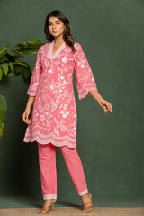 Women's Pink Casual Regular Fit Embroidered Three Quarter Sleeves Co-Ord Sets