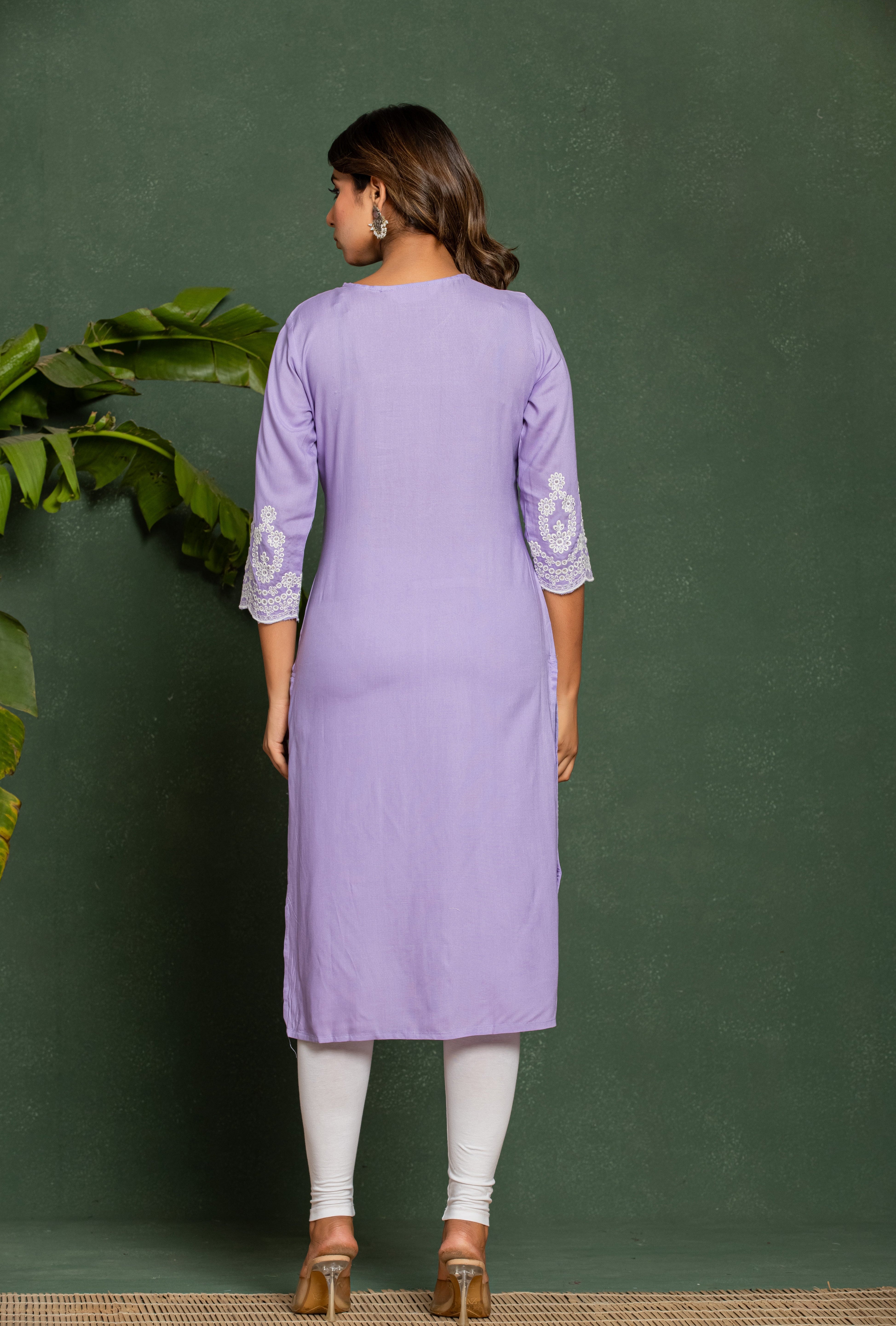 Women's Purple Fusion Regular Fit Embroidered Three Quarter Sleeves Kurta