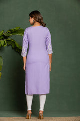 Women's Purple Fusion Regular Fit Embroidered Three Quarter Sleeves Kurta