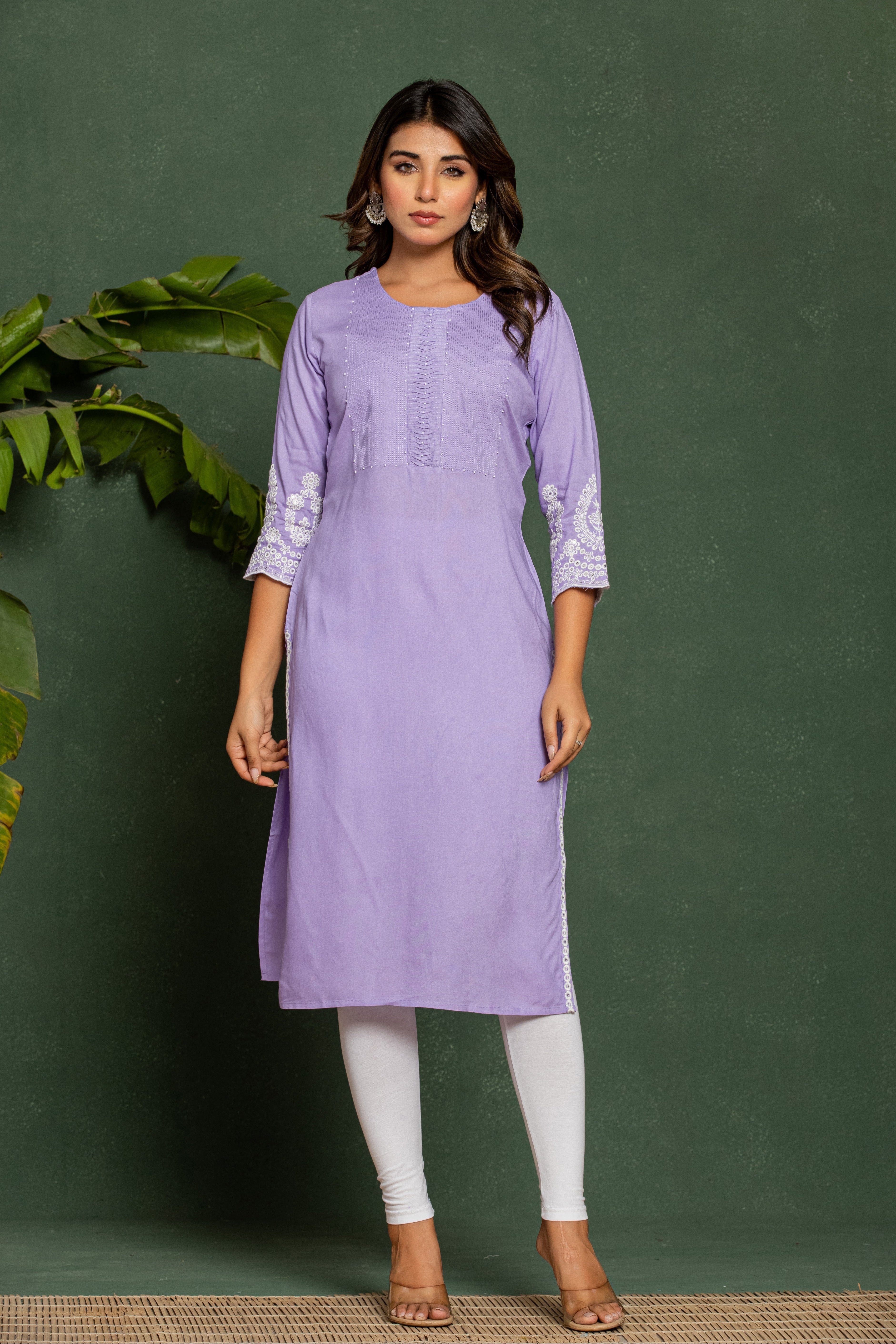 Women's Purple Fusion Regular Fit Embroidered Three Quarter Sleeves Kurta