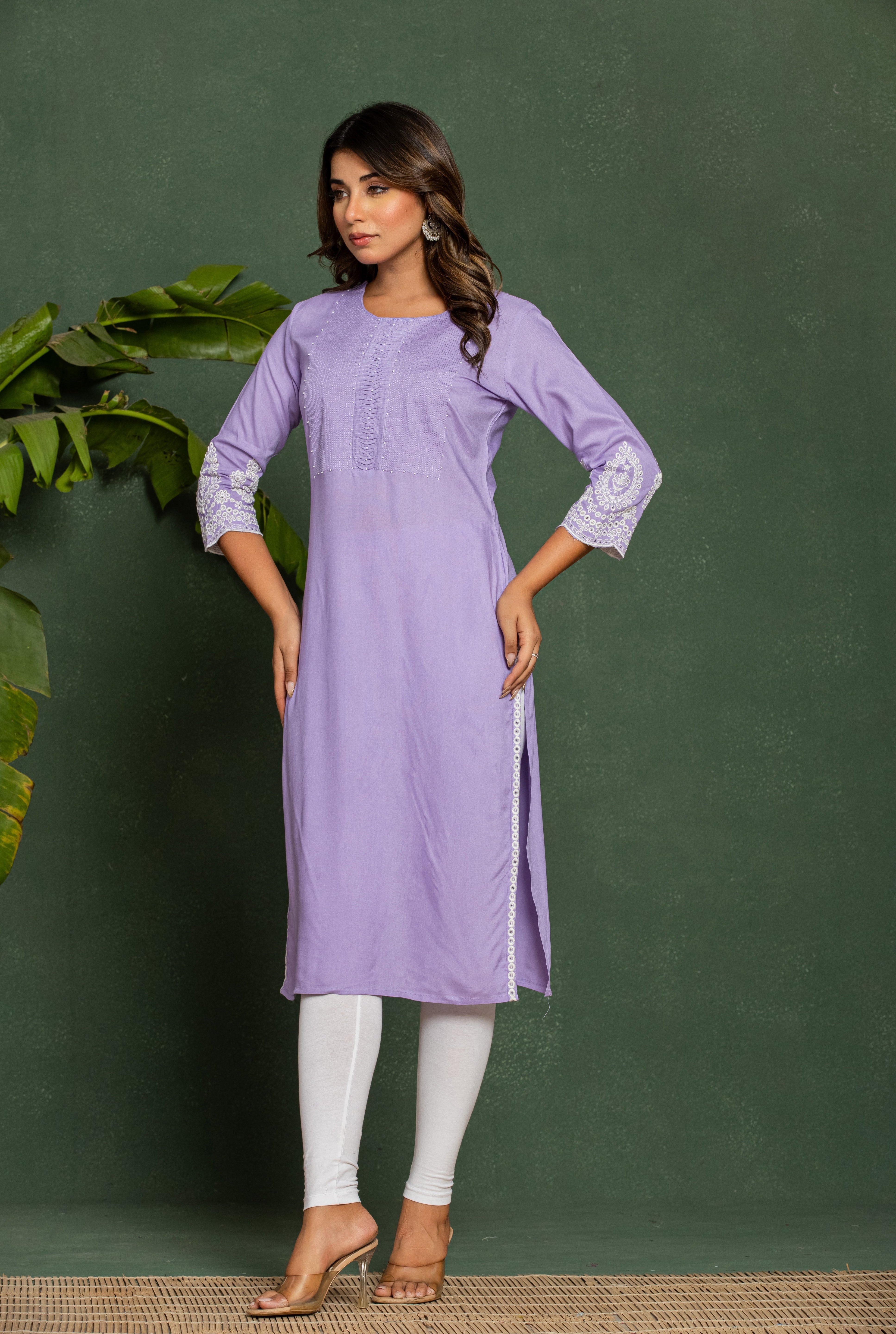 Women's Purple Fusion Regular Fit Embroidered Three Quarter Sleeves Kurta