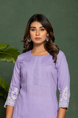 Women's Purple Fusion Regular Fit Embroidered Three Quarter Sleeves Kurta