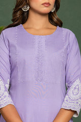Women's Purple Fusion Regular Fit Embroidered Three Quarter Sleeves Kurta