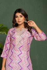 Women's Purple Fusion Regular Fit Printed Three Quarter Sleeves Kurta