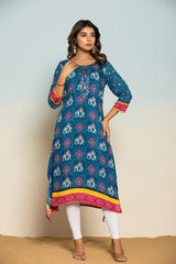 Women's Blue Fusion Regular Fit Printed Three Quarter Sleeves Kurta