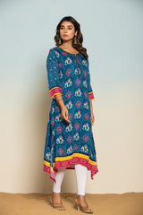 Women's Blue Fusion Regular Fit Printed Three Quarter Sleeves Kurta