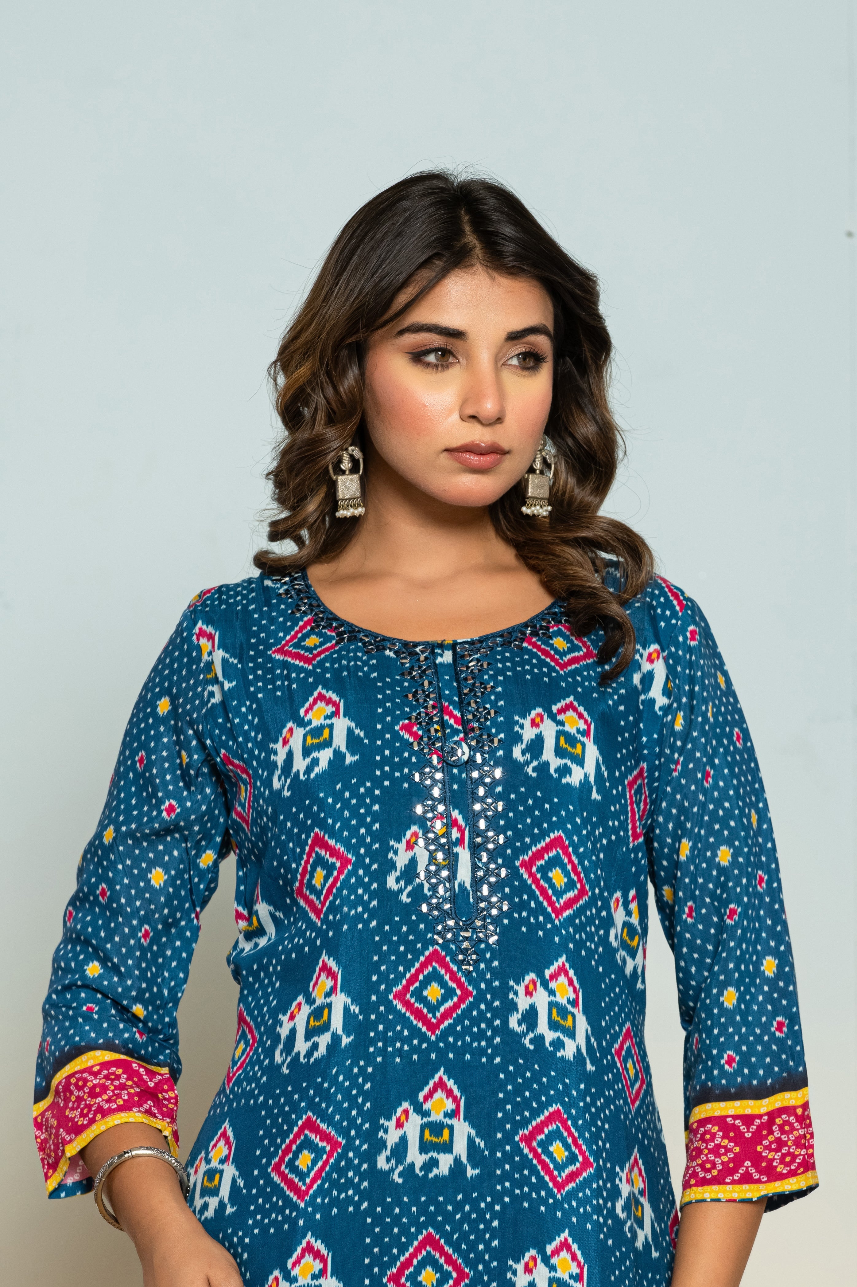 Women's Blue Fusion Regular Fit Printed Three Quarter Sleeves Kurta