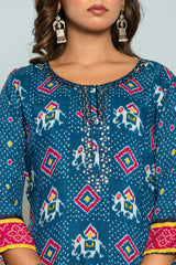 Women's Blue Fusion Regular Fit Printed Three Quarter Sleeves Kurta