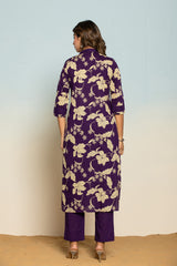 Women's Purple Fusion Regular Fit Printed Three Quarter Sleeves Kurtas Sets