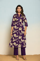 Women's Purple Fusion Regular Fit Printed Three Quarter Sleeves Kurtas Sets