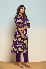 Women's Purple Fusion Regular Fit Printed Three Quarter Sleeves Kurtas Sets