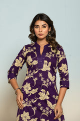 Women's Purple Fusion Regular Fit Printed Three Quarter Sleeves Kurtas Sets