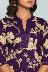 Women's Purple Fusion Regular Fit Printed Three Quarter Sleeves Kurtas Sets
