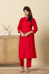 Women's Red Fusion Regular Fit Embroidered Three Quarter Sleeves Kurtas Sets