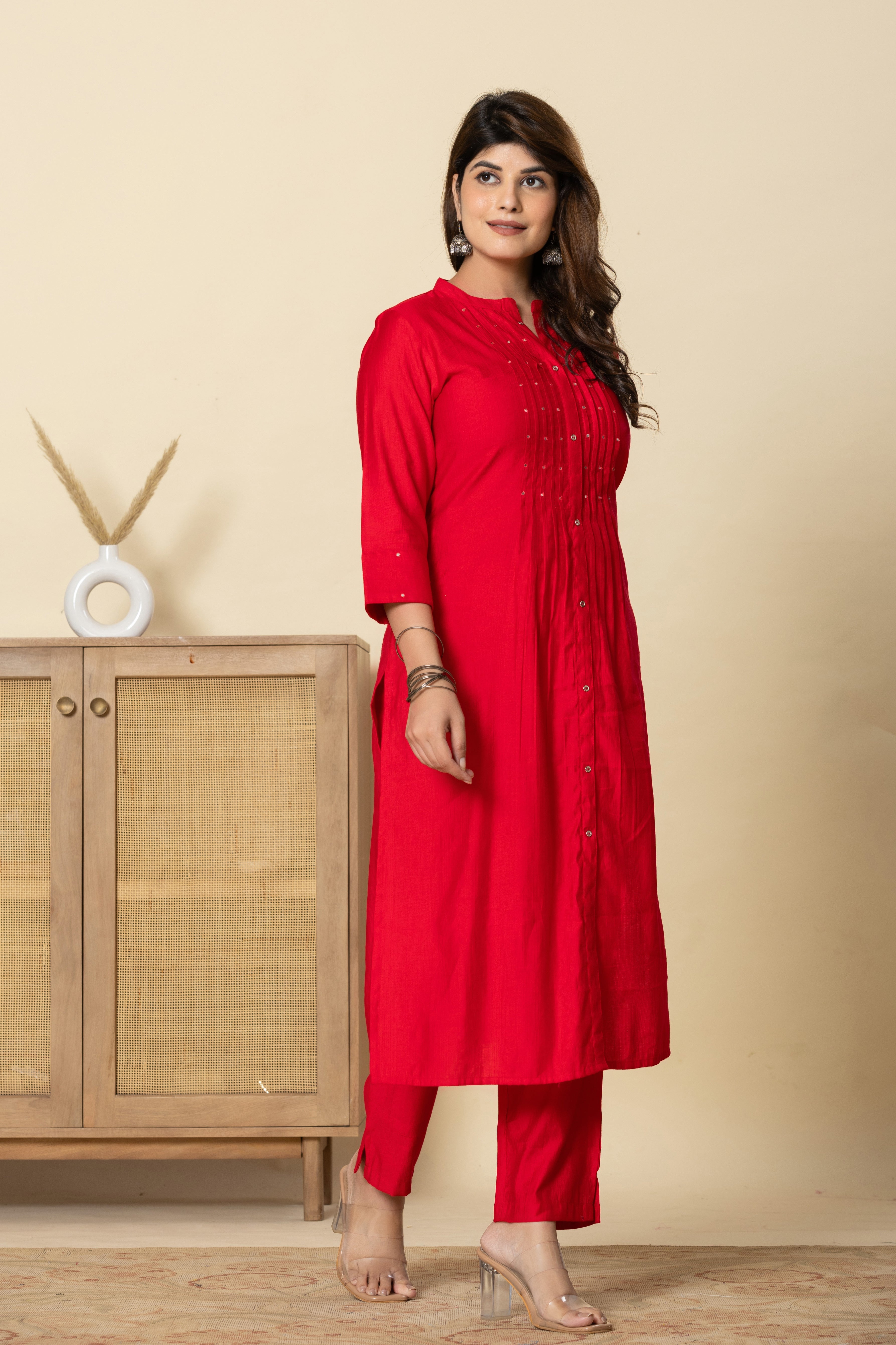 Women's Red Fusion Regular Fit Embroidered Three Quarter Sleeves Kurtas Sets