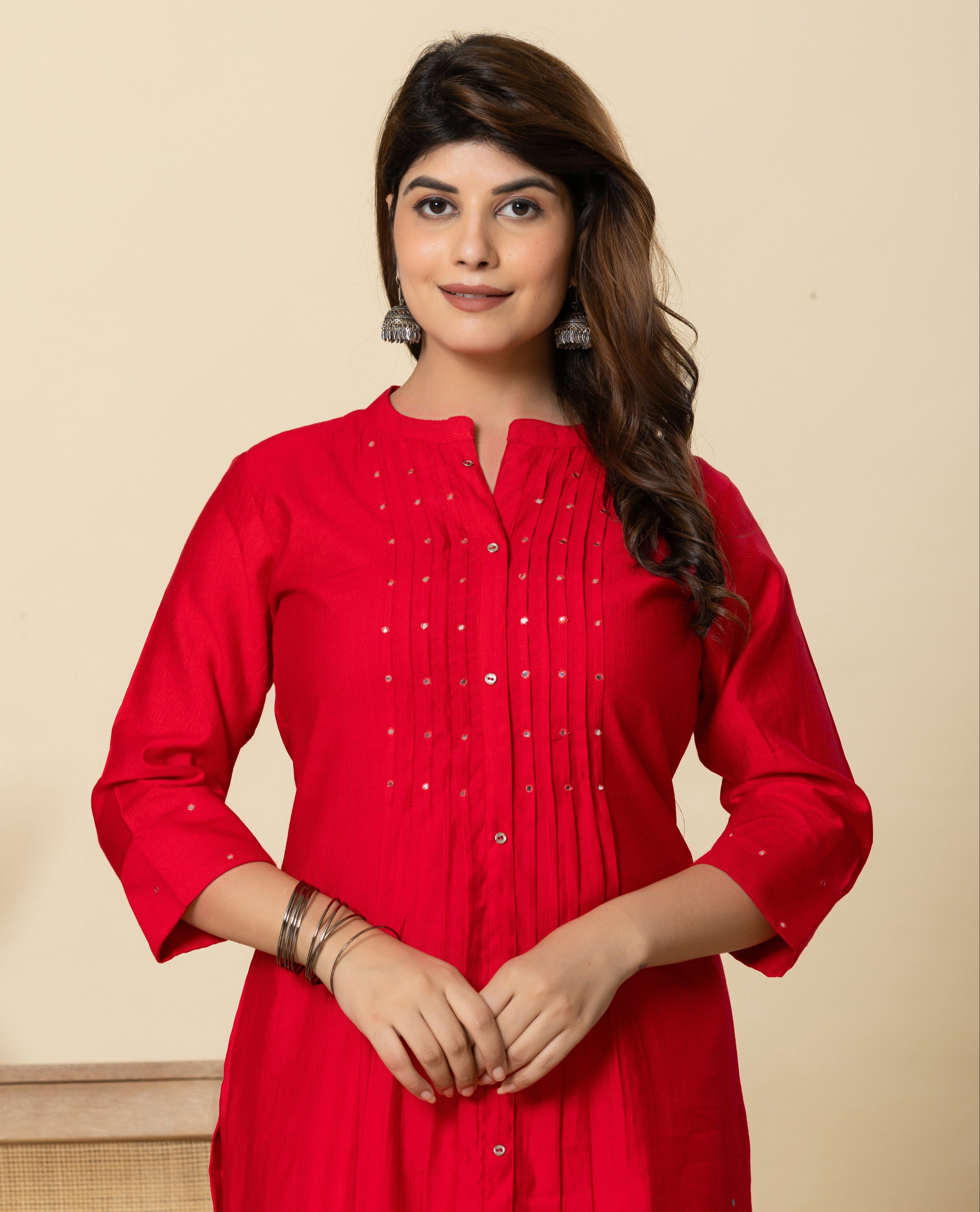 Women's Red Fusion Regular Fit Embroidered Three Quarter Sleeves Kurtas Sets