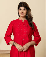 Women's Red Fusion Regular Fit Embroidered Three Quarter Sleeves Kurtas Sets