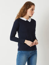 Women's Navy Blue Collared Round Neck Full Sleeves Cotton Solid Button Top