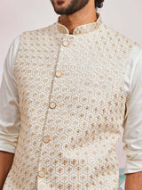 Men's White Rayon Floral Embroidered Full Sleeves Nehru Jacket