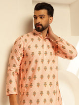 Men's Peach Cotton Daman Print Long Kurta with Krochet Embroidery