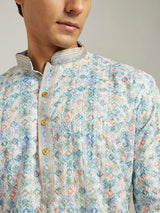 Men's Blue Rayon Schiffli Embroidery Kurta