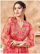 Women's Red Casual Regular Fit Printed Three Quarter Sleeves Co-Ord Sets
