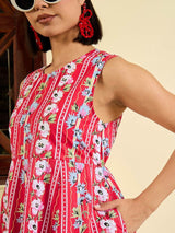 Women's Red Casual Floral Round Neck Sleeveless Midi Dress